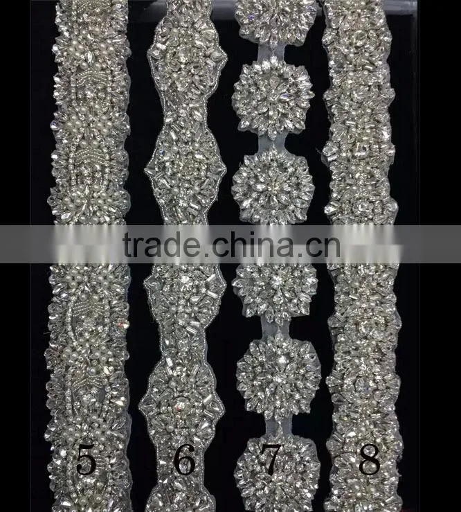 New Design Bridal Beaded Rhinestone Trimming Applique For Wedding Sash Crystal Bridal Applique For Wedding Dress