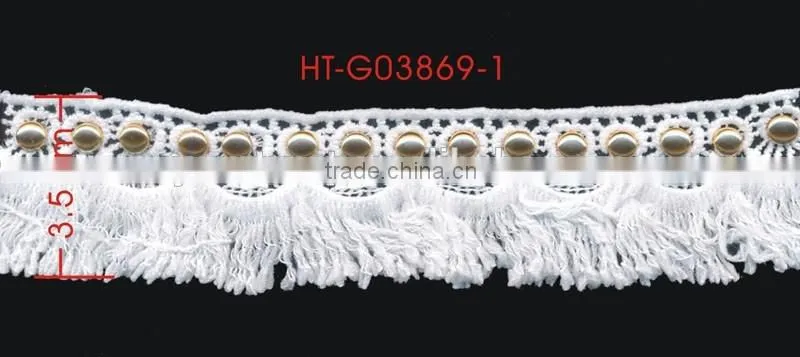 3.5 Centimeter 6MM Gold Grommet White Polyester Lace Tassel Metal EyeletTrimming