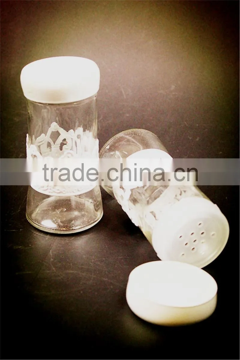white metal coat glass spice jar set