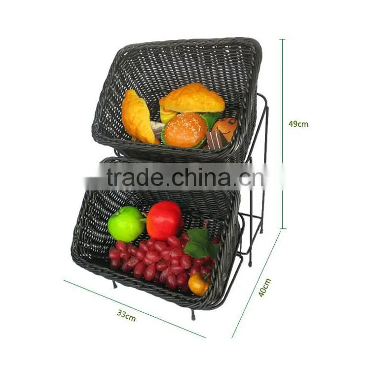 Amazing supermarket or store used fruit & bread rack with 2 tier rattan baskets delicate food display
