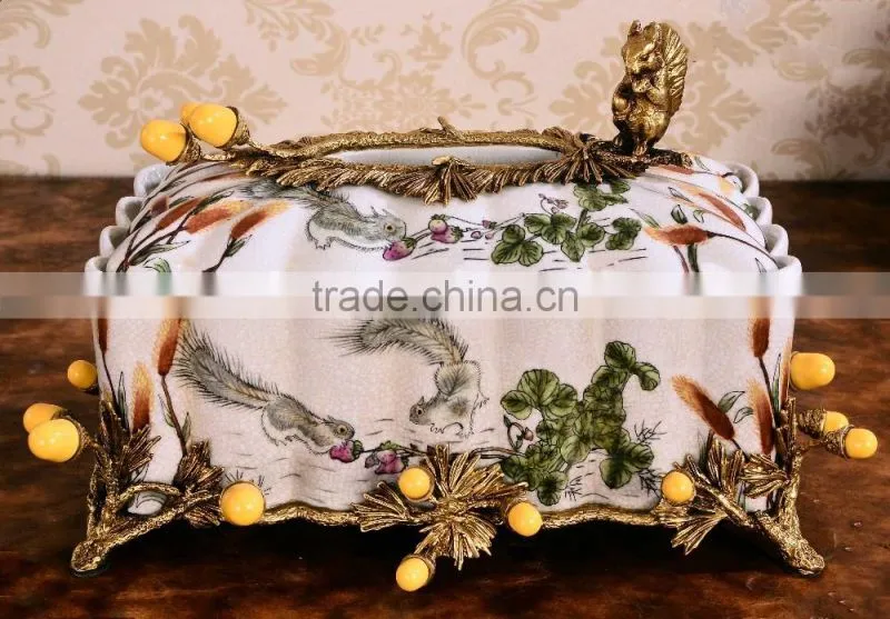 Lovely red plum blossom painting grasshopper shape brass decorative ceramic tissue box