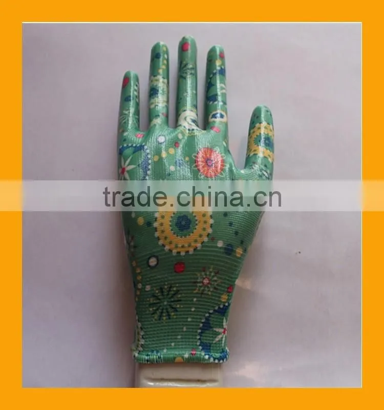 Polyester Printing Transparent Nitrile Palm Coated Garden Working Gloves