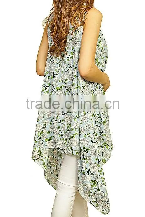 Summer Beach Wear Sleeveless Sexy Vest Flower Printed Cover up Lady Kimono Style Polyester Vintage Boho Clothing