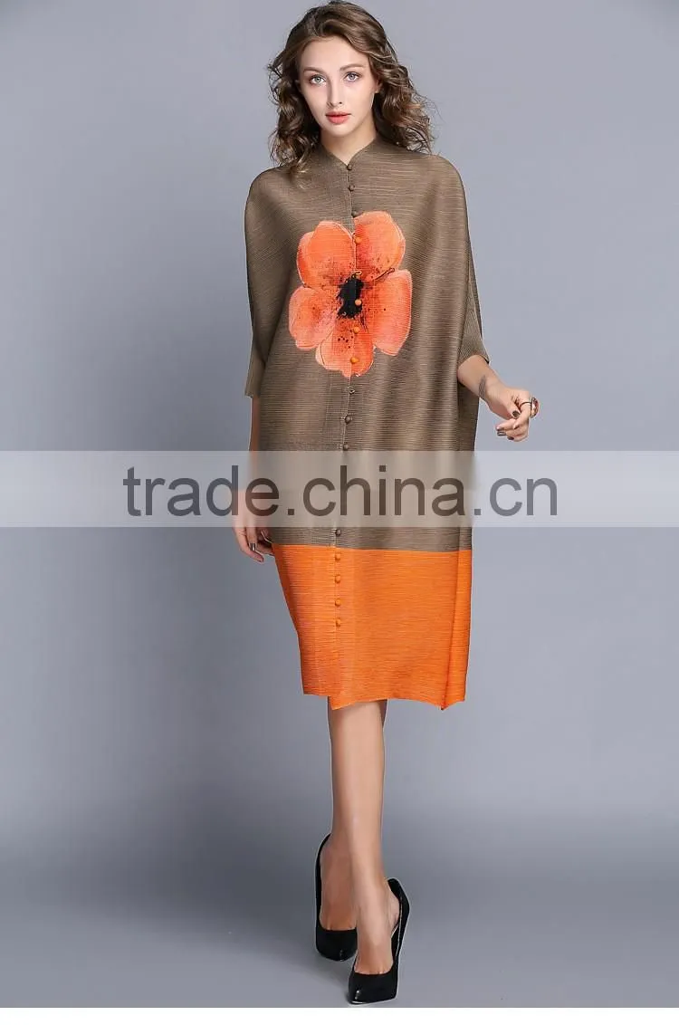 Latest design woman button flower printed crinkled dress