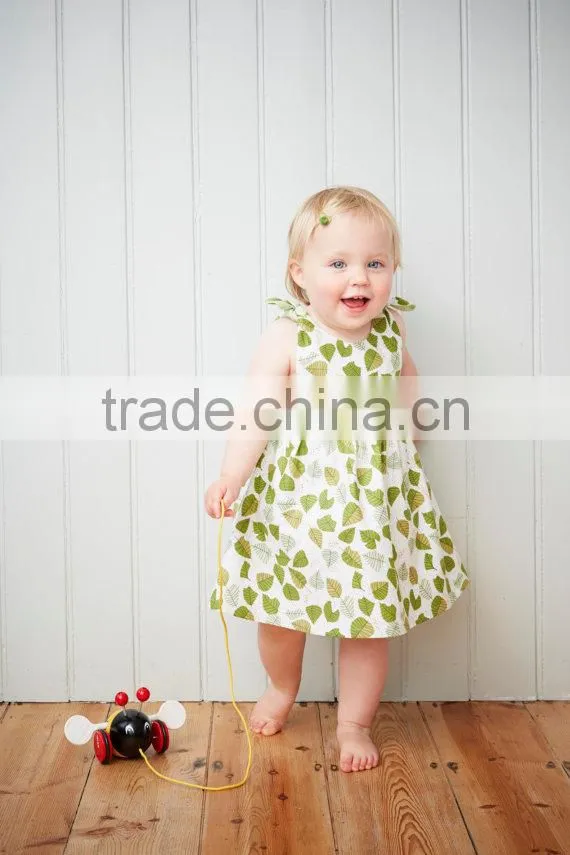 New Fashion 100% Cotton Material Pattern Girls Print Green Leaves Dress
