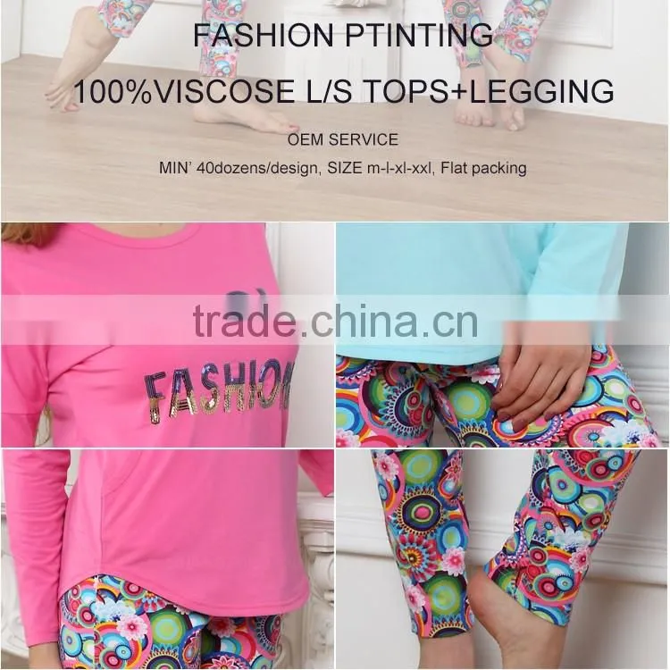 New L/S tops+ legging100%viscose fancy printing summer pajamas plus size design women minion pyjamas