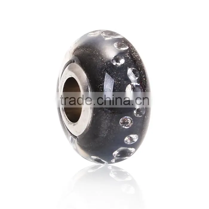 Lampwork Glass & Cubic Zirconia European Style Large Hole Charm Beads Round Black Clear W/ Stainless Steel Silver Tone Core
