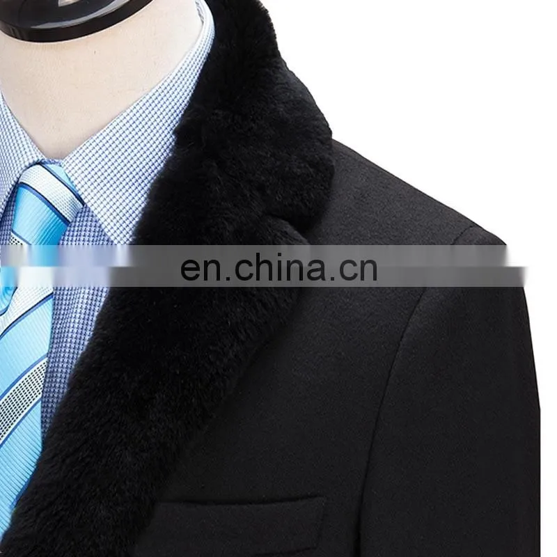 European Style of Men's Wool Blend Coat Slim Fit Double Breasted Middle Long Fashion Winter mens with wool collar