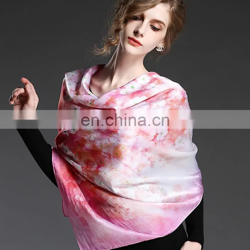 Pink silk square scarf for women with flowers