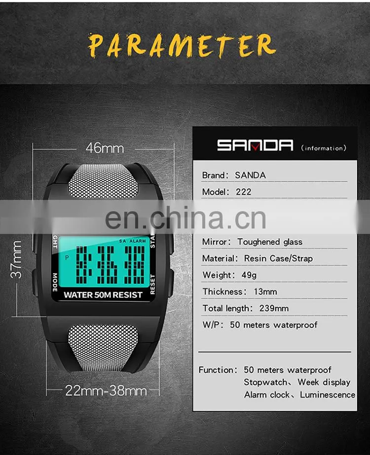 SANDA 222 Trendy High End Men's Digital Sports Watch Resin Strap Luminous Week Display Male Watches