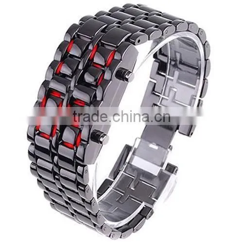 Men Women Lava Iron Samurai Metal LED Digital Faceless Wrist Watch Bracelet