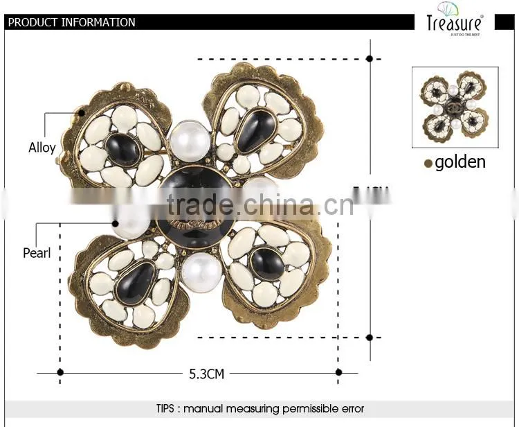 2015 latest new design best price brooch four petals white plastic beads cooper brooch wholesale