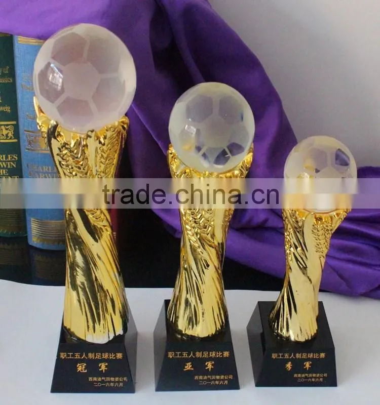New design gold color crystal soccer sports trophy football award