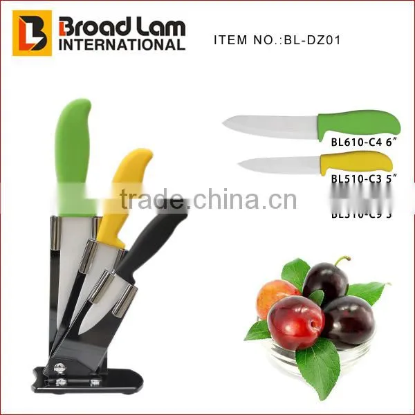 3"+4"+5" Colorful Handle Kitchen Knives set, Quality Assured Zirconia Blade in knife holder