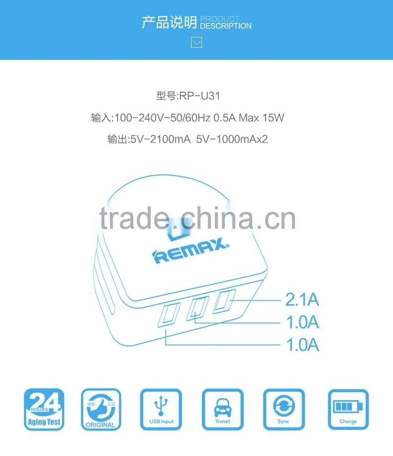 Original REMAX Fast Speed Charger 3 USB 5V 3.1A Phone Charger For HTC Samsung Lenovo Travel Adapter