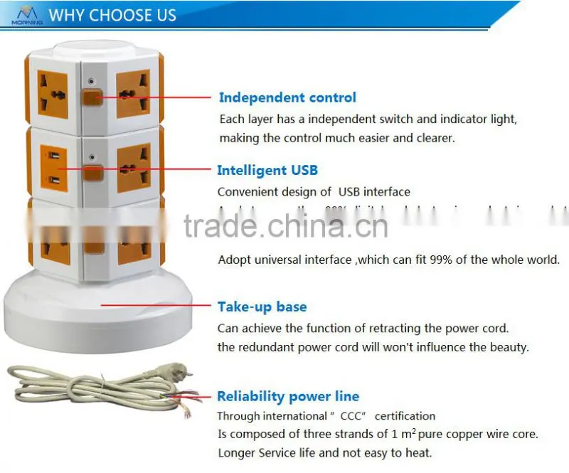 ME-S1 One Layer Vertical Rotary floor socket of universal socket outlet with switched socket and 1 meter power line