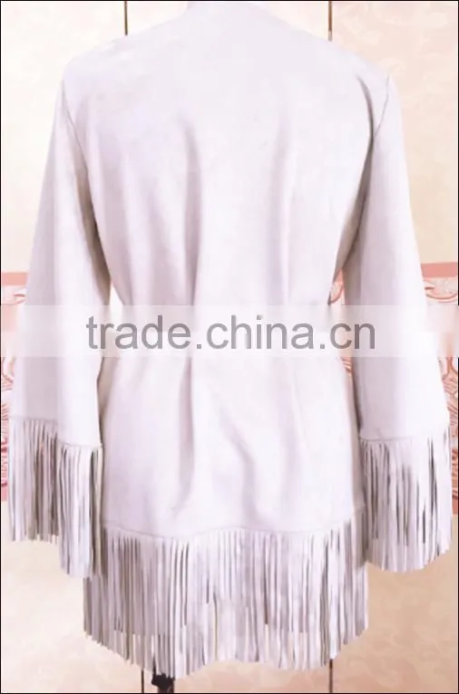 2016 long fashion pu leather suede jacket frigne on the hem and sleeves