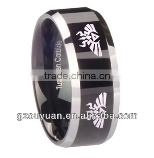 Black Tungsten Carbide Ring, Zelda Design Shiny Edges Engraved Ring ( 6MM, 8MM, 10MM ) Size 4 to 16