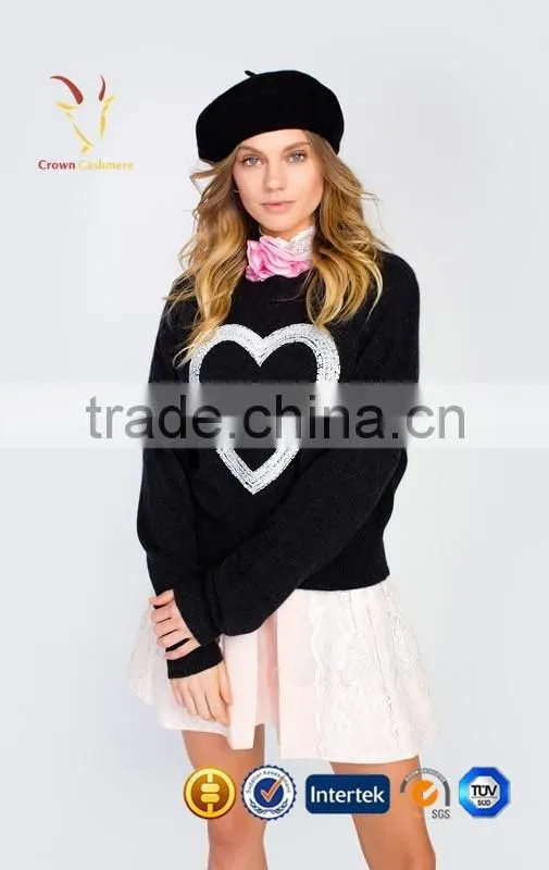 Knit Wool Cashmere Pullover Women Black Pullover With White Heart