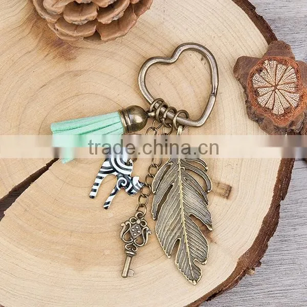 New Fashion Heart Antique Bronze Feather Cat Key Pendants With Velvet Suede Mint Green Tassel Vintage Key Chains Key Rings