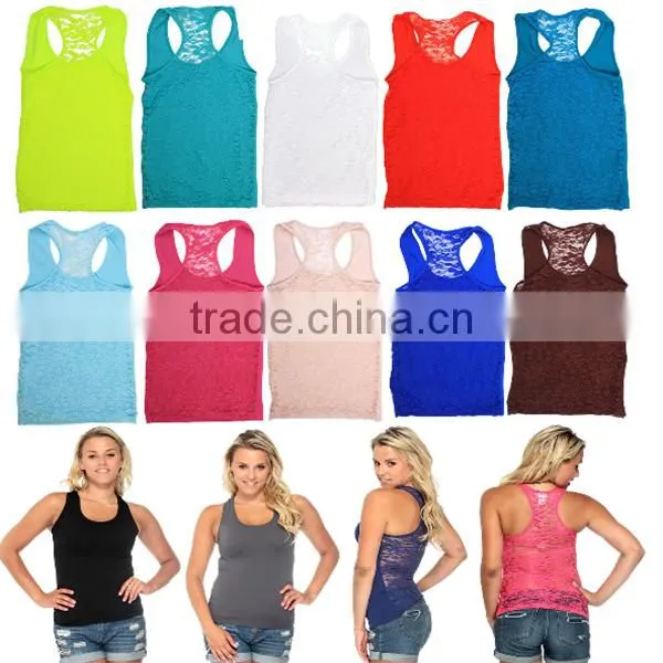 Women's Racerback Ribbed Tank Top Lace Back Basic Cami Solid Seamless Tee Shirt