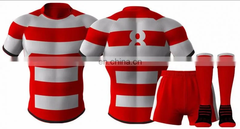 Red custom made sublimation rugby jersey with socks