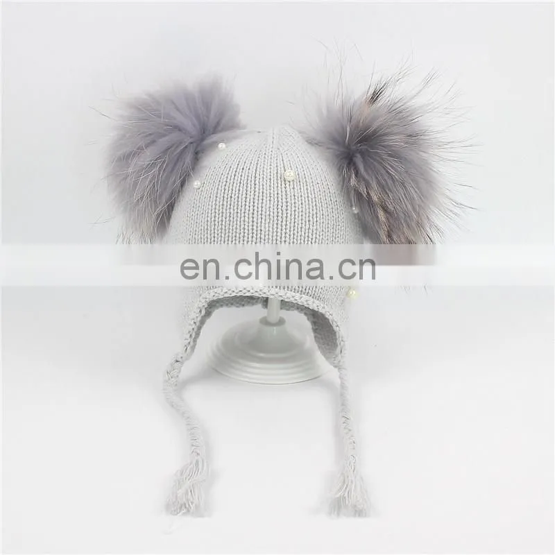 Wholesale Double Raccoon Fur Poms Cap Kids Hat With Fur Pom Pom