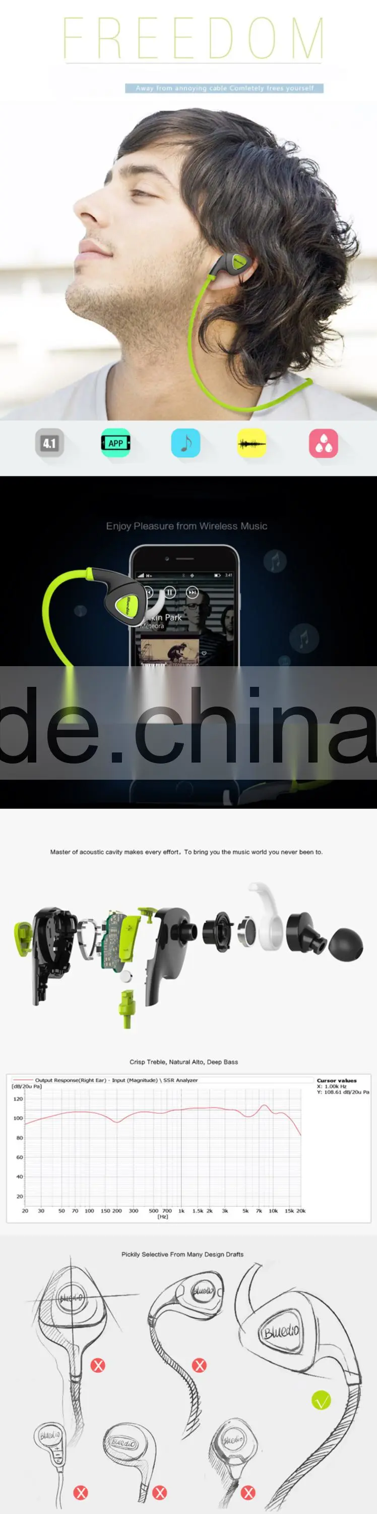 Latest style!!! Bluedio Q5 Sweatproof Wireless Sport Bluetooth 4.1 Headset Stereo Earphone With APP Control