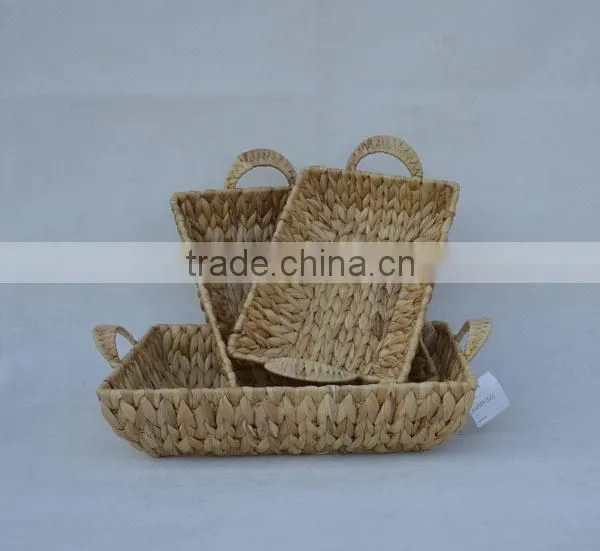 S/3 Rectangular Water Hyacinth Woven Shallow Tray with Handles