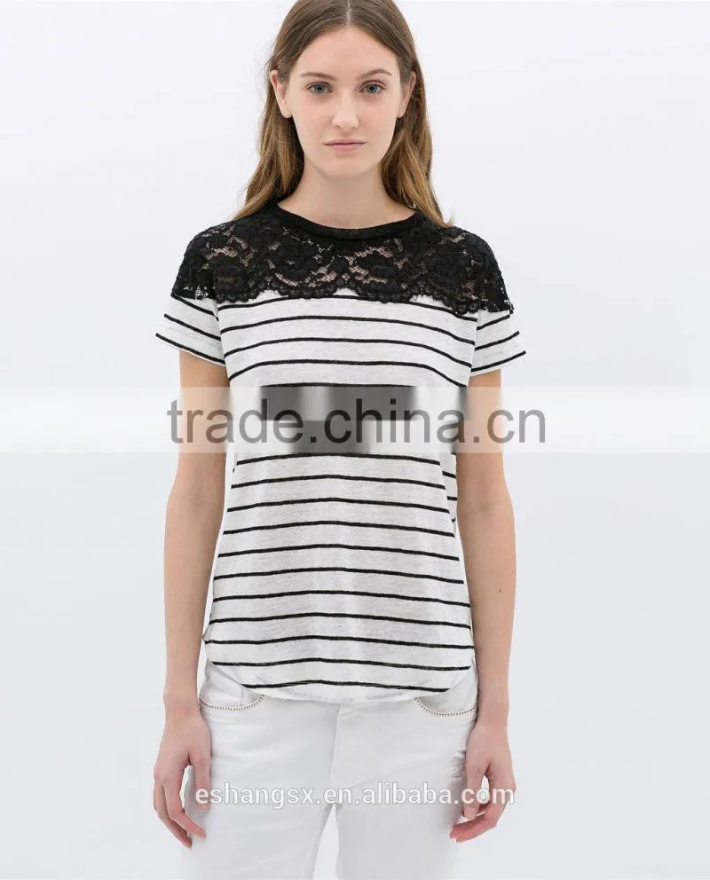 Ladies striped linen with lace fancy t-shirts