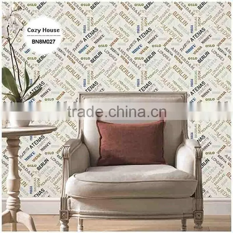 printing pvc wallpaper, cream vintage letters wall paper for study room , fancy wallcovering dealer