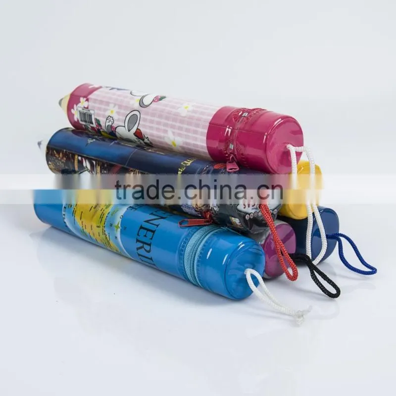 High Quality Printed Promotional Plastic Soft PVC Pencil Shape Pencil Bag Case (with zipper and handle)