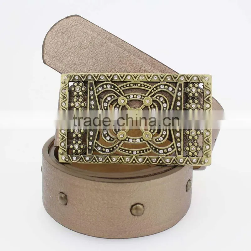 2015 Vintage Style women's fashion PU brand belt with rhinestone square shape buckle