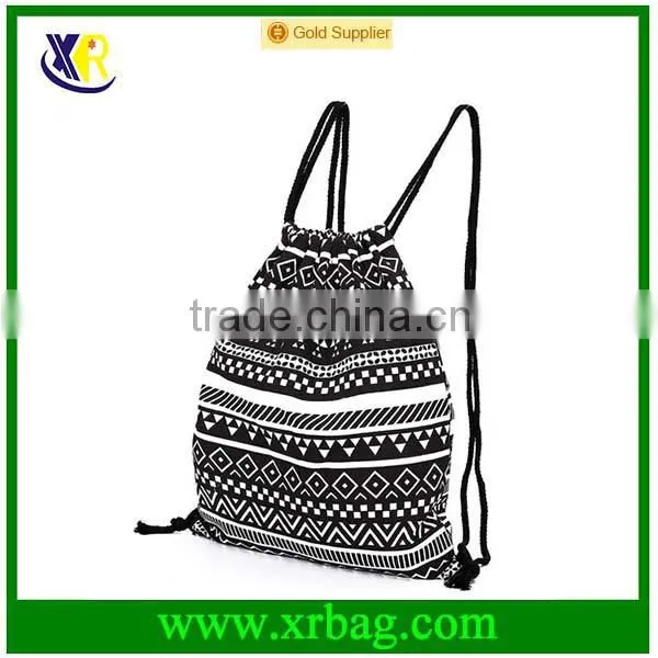 Custom fashion style pattern cotton canvas drawstring backpack bag