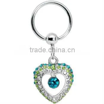 Aqua Gem Open Heart Dangle Captive Ring Body Jewelry BCR