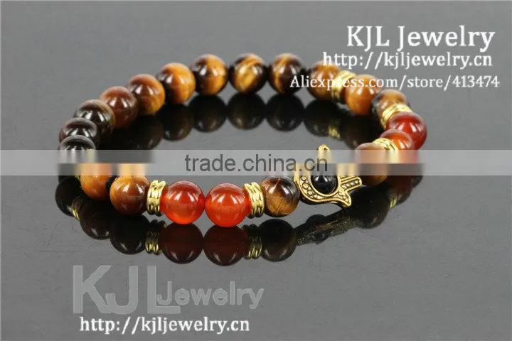 KJL-A0247 wholesale silver hamsa palm charm bracelet,natural tiger eye agate stone beaded evil eye bracelet bangle