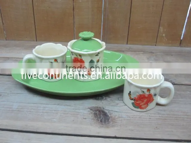 Ceramic Coffee/ Tea Mugs Set with Sugar Pot in Round Tray