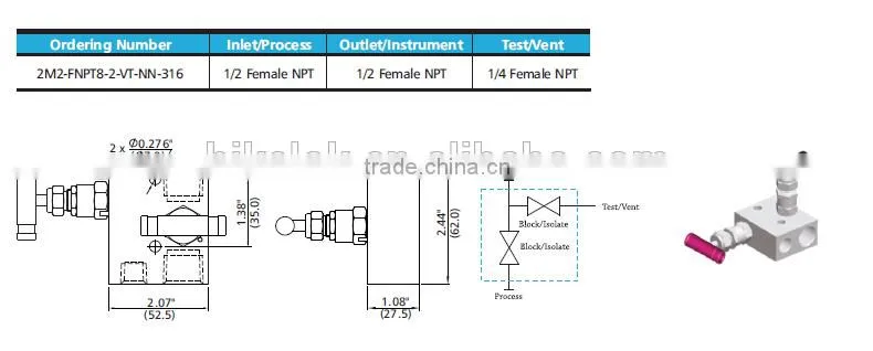 Oil instrument manifolds stainless steel 2-valve manifolds