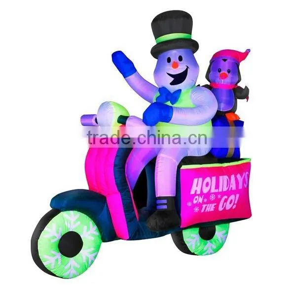 Newest Xmas Outdoor Decoration Inflatable Snowman on Motorcycle with Penguin