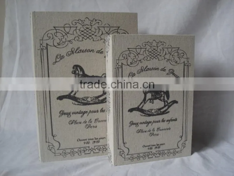antique wooden book box with linen printing covered