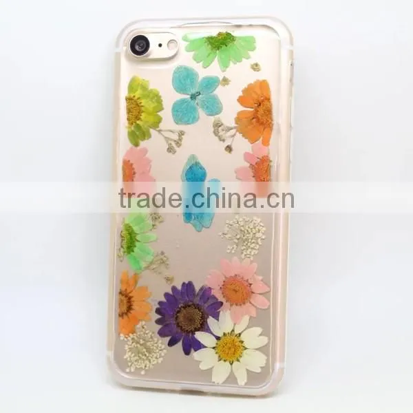 Transparent TPU phone case real flower sticker phone cover protective back cover for iPhone 7 / plus