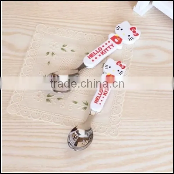 2015 hot sell cartoon food grade plastic handle stailess steel spoons supplier in China,food grade plastic spoons supplier