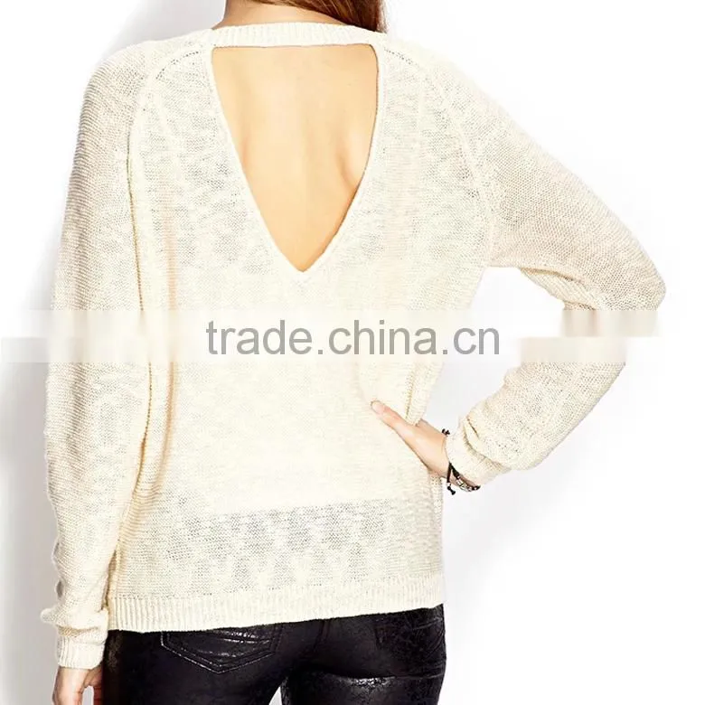 custom crew neck slub knitted pullover sweater with back opening