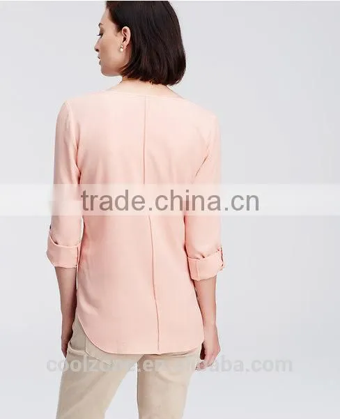 New fashion high quality crepe v neck long sleeve woman blouse