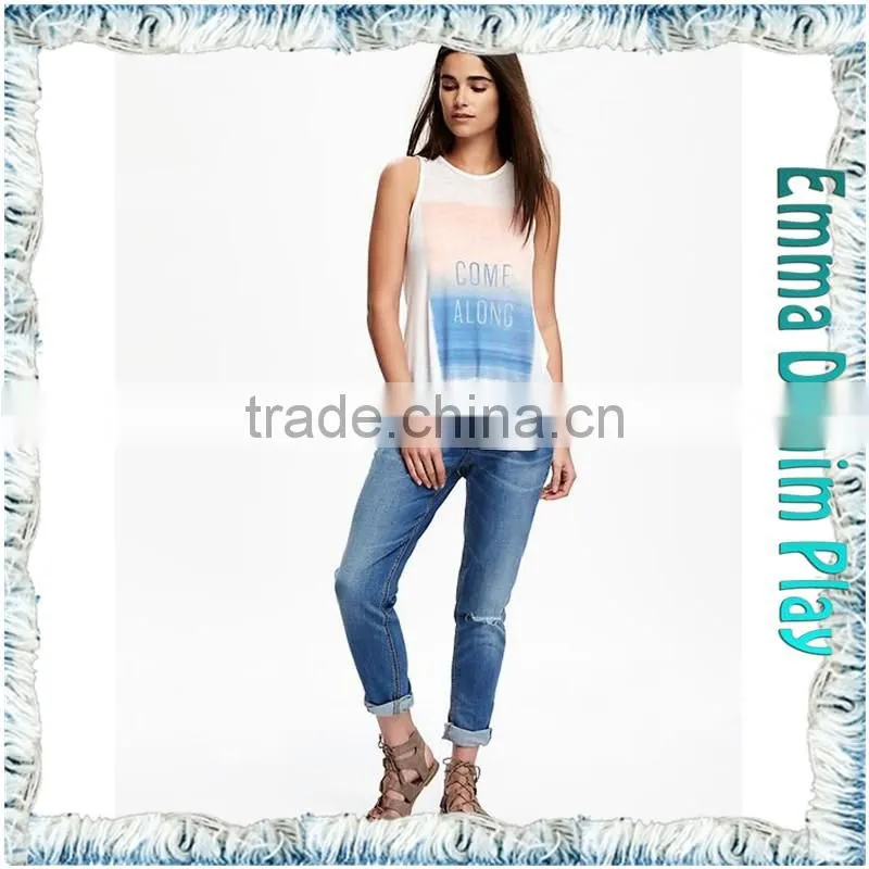 Sexy Womens Silk Screen Printed Thin Fabric Round Neck Sleeveless Long T-Shirts for Hot Summer
