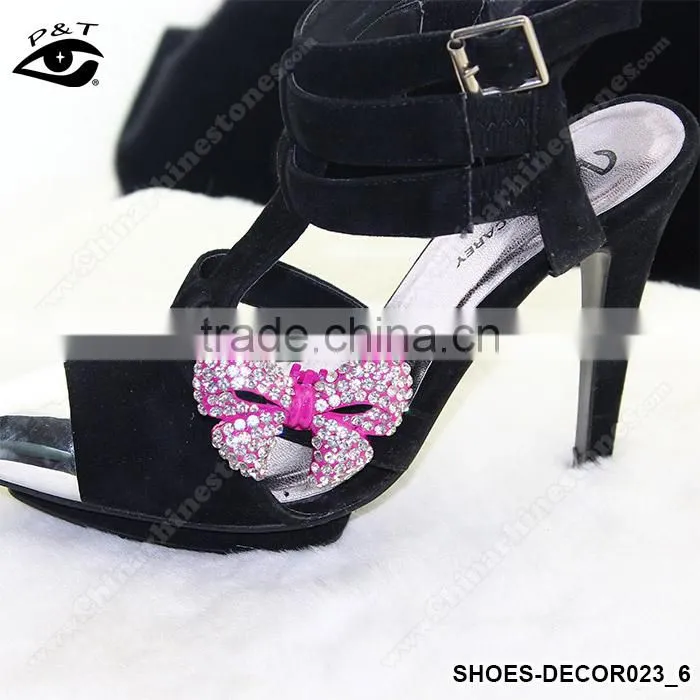 Shoe accessories pink bow tie shape rhinestone shoe ornament handmade rhinestone clips for lady shoes