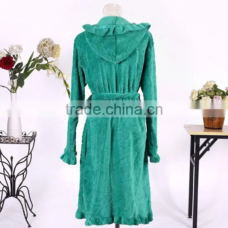 Fashion 100% polyester heart cut coral fleece home women bathrobe hooded sleepwear