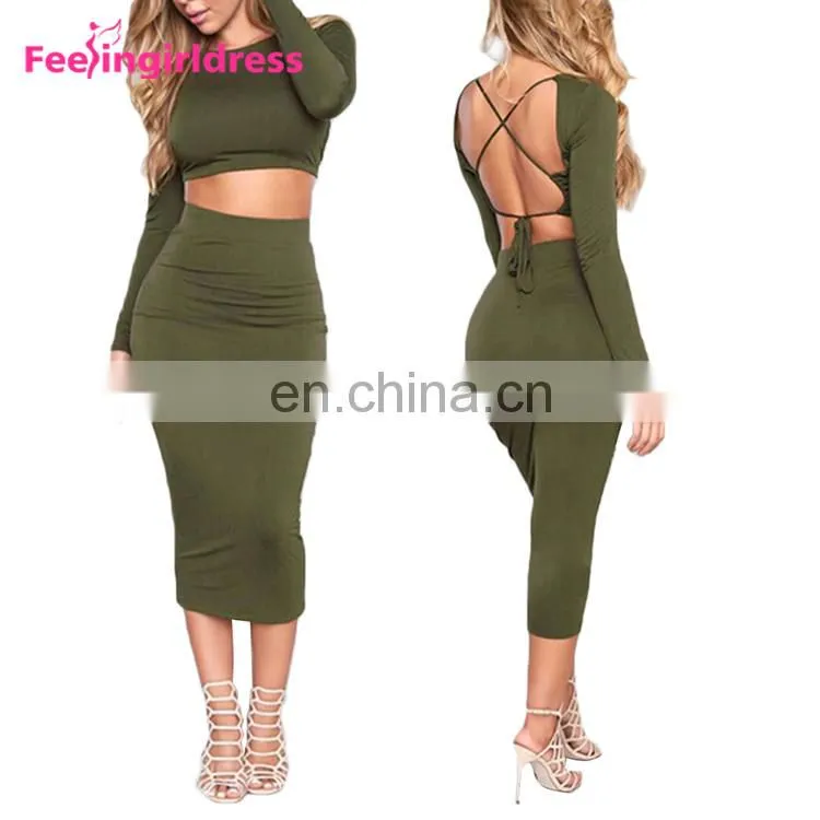Fashion Long Sleeve Tops Black Backless Midi Bodycon Sexy Women Party Dress