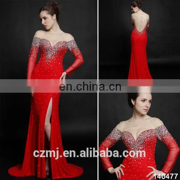 2016 sexy side split backless see through long sleeve evening dress