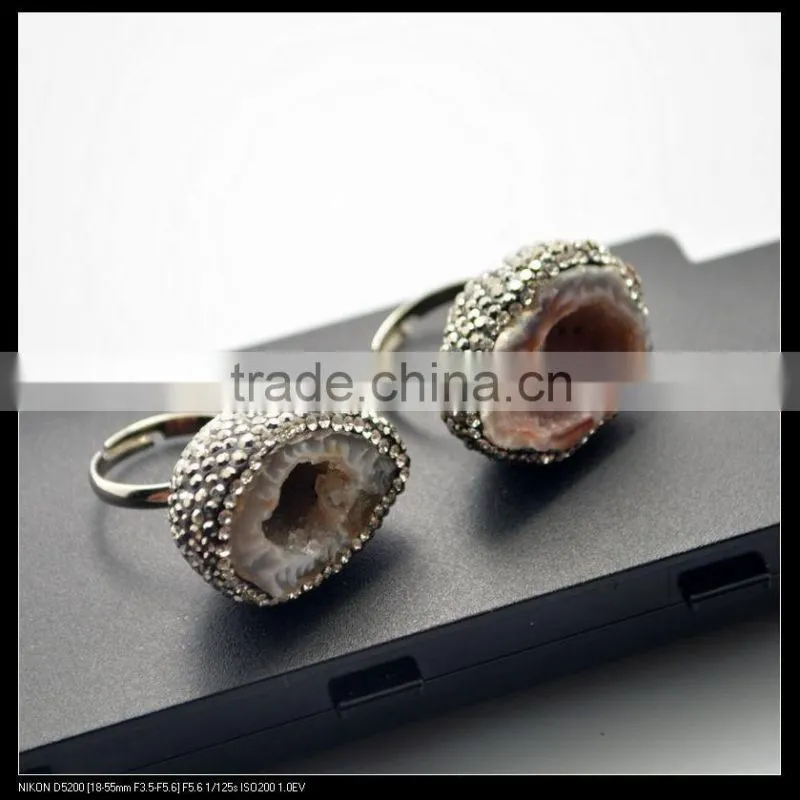 LFD-0010R ~ Wholesale Unique Nature Agate Quartz Geode Druzy Gemstone Rings, Metal Brass Finger Rings, Adjustable